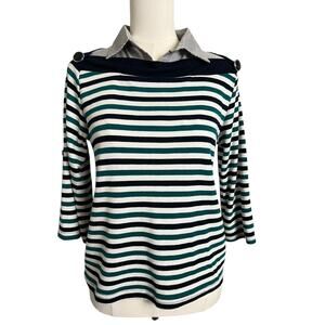 LACIFONELLI Pullover Sweater Womens Multicolor Striped Collared Knit Top twofer